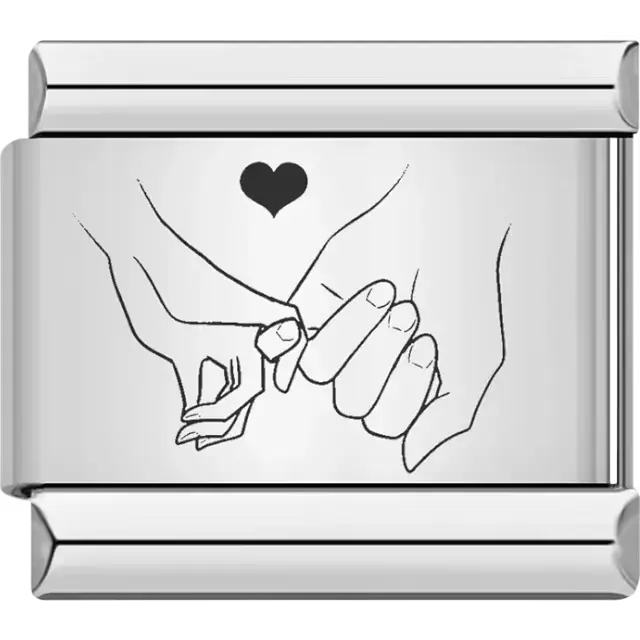 Two hands making a pinkie promise with a small black heart above them Italian charm bracelet link