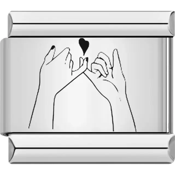 Two hands making a pinkie promise with a black heart accent Italian charm bracelet link