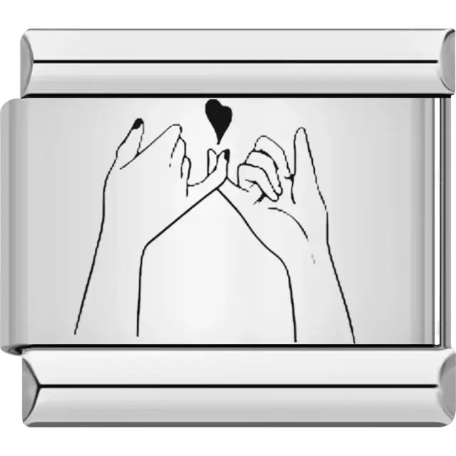 Two hands making a pinkie promise with a black heart accent Italian charm bracelet link