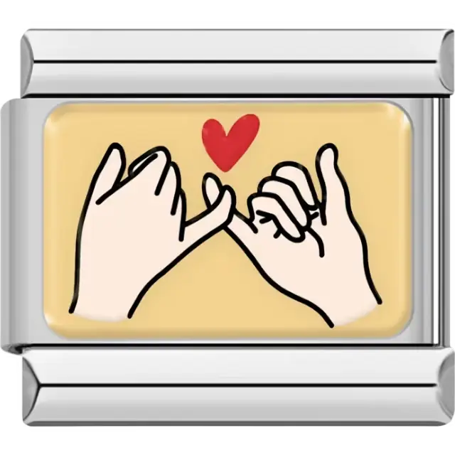 Two hands making a pinky promise with a red heart on a yellow background Italian charm bracelet link
