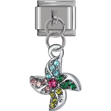 Pinwheel with colorful gems dangle Italian charm bracelet link