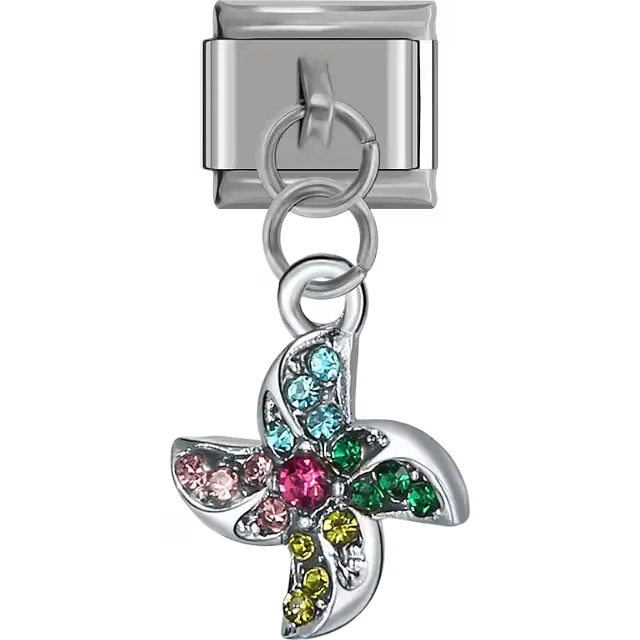 Pinwheel with colorful gems dangle Italian charm bracelet link