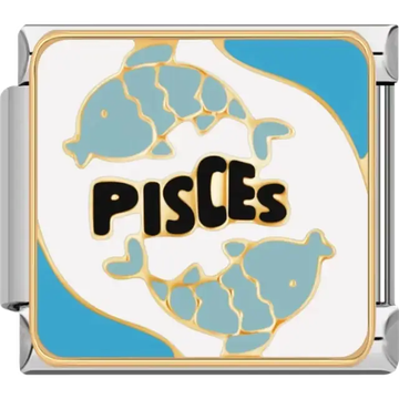 Pisces zodiac symbol with two fish design and blue accents Italian charm bracelet link