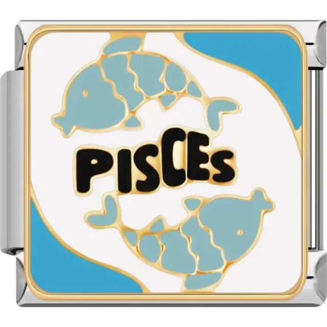 Pisces zodiac symbol with two fish design and blue accents Italian charm bracelet link