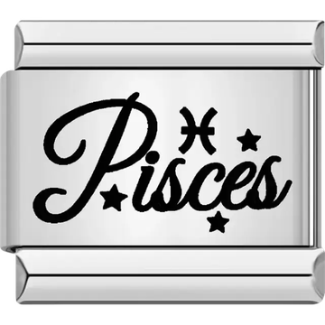 Black "Pisces" text with Pisces symbol and star accents Italian charm bracelet link