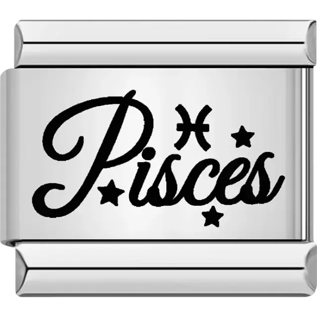 Black "Pisces" text with Pisces symbol and star accents Italian charm bracelet link