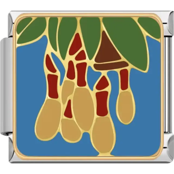 Red and yellow pitcher plants with green leaves and gold outlines on blue background Italian charm bracelet link