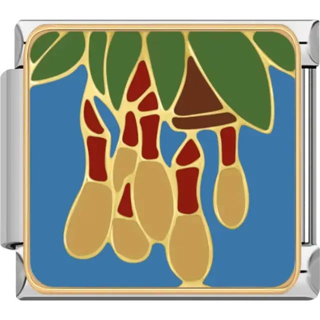 Red and yellow pitcher plants with green leaves and gold outlines on blue background Italian charm bracelet link