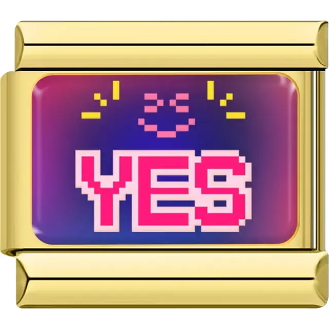 Pink pixel "YES" word purple background Italian charm bracelet link