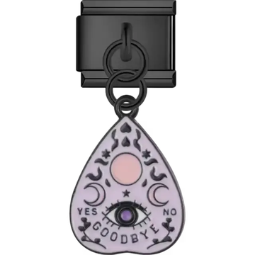 Black and lavender planchette with crescent moons sun and open eye above "YES," "NO," and "GOODBYE" text Italian charm bracelet link