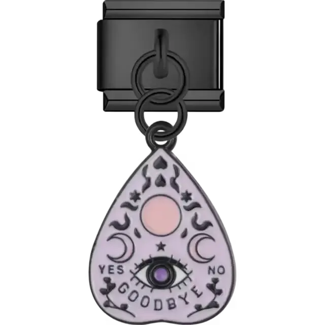 Black and lavender planchette with crescent moons sun and open eye above "YES," "NO," and "GOODBYE" text Italian charm bracelet link