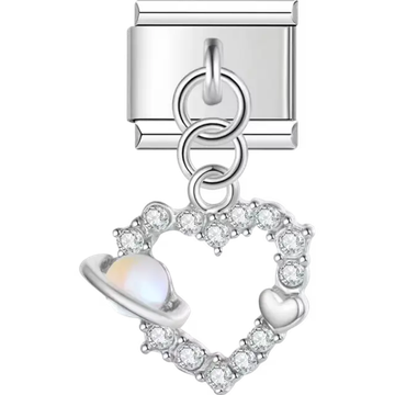 Heart-shaped charm with planet detail and crystal embellishments Italian charm bracelet link