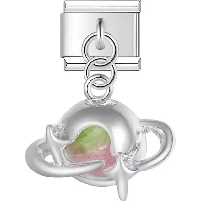 Silver planet with stars dangle Italian charm bracelet link