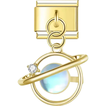 Planet-shaped dangle with a smooth sphere, an orbital ring, and a crystal accent Italian charm bracelet link