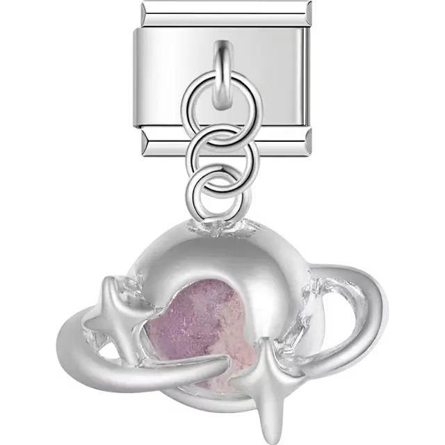 Silver planet with stars dangle Italian charm bracelet link