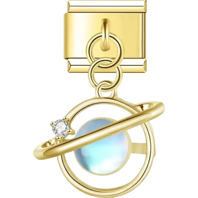 Planet-shaped dangle with a smooth sphere, an orbital ring, and a crystal accent Italian charm bracelet link