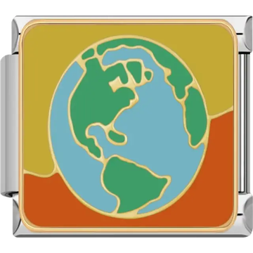 Green continents with blue oceans on a yellow and orange background Italian charm bracelet link