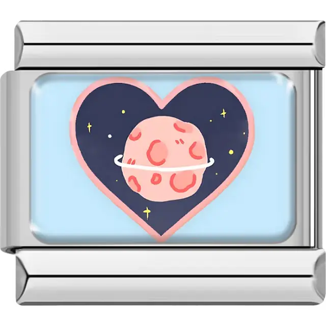 Blue heart with navy center pink border and pink planet Italian charm bracelet link