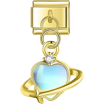 Blue heart with orbital ring and crystal accent Italian charm bracelet link