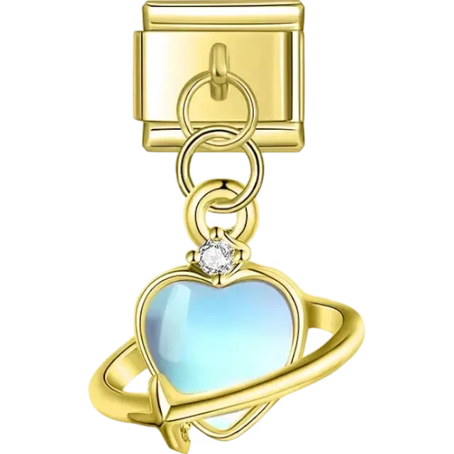 Blue heart with orbital ring and crystal accent Italian charm bracelet link