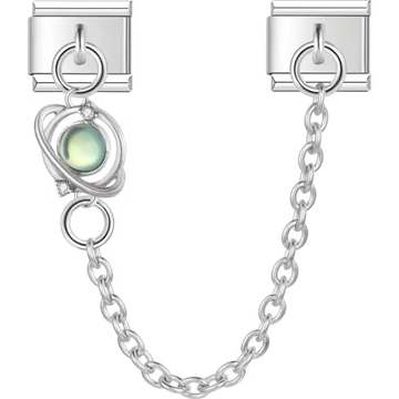 Green planet with silver orbit rings and clear crystal accents connected by safety chain Italian charm bracelet link