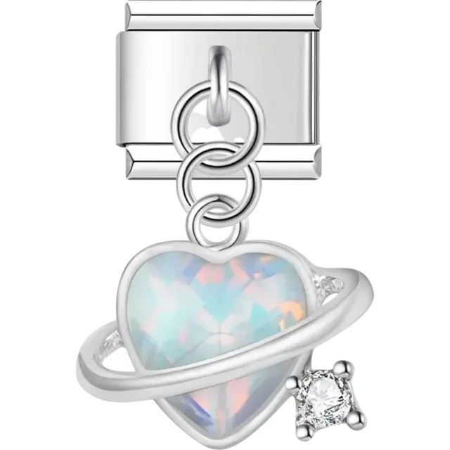 Heart-shaped dangle with an orbital ring and a sparkling crystal accent Italian charm bracelet link
