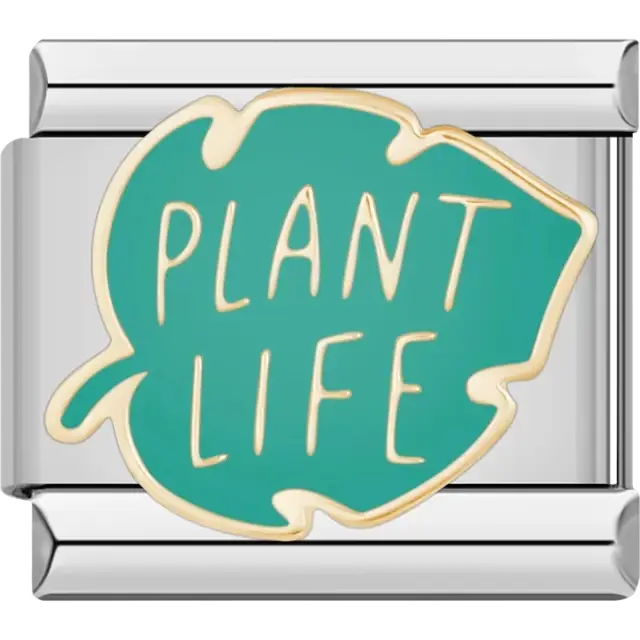Green leaf design with "PLANT LIFE" text and gold outline Italian charm bracelet link