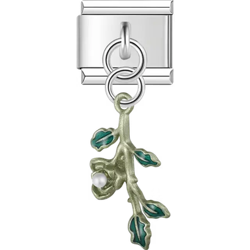 Green plant stem with pearl and leaves dangle Italian charm bracelet link