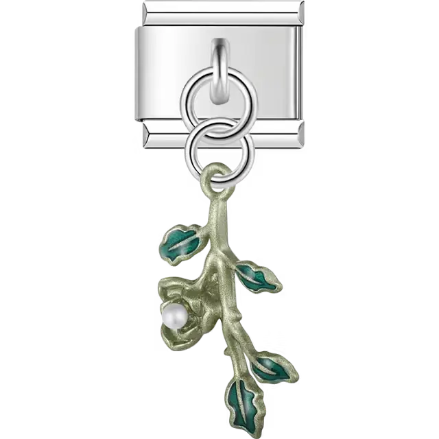 Green plant stem with pearl and leaves dangle Italian charm bracelet link