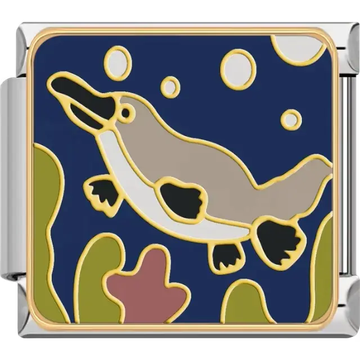 Brown and white platypus swimming with bubbles and seaweed on a dark blue background Italian charm bracelet link