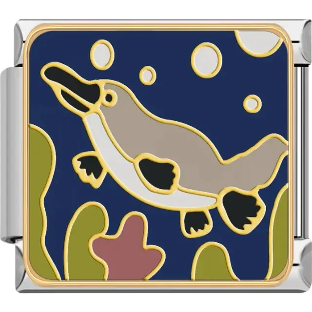 Brown and white platypus swimming with bubbles and seaweed on a dark blue background Italian charm bracelet link