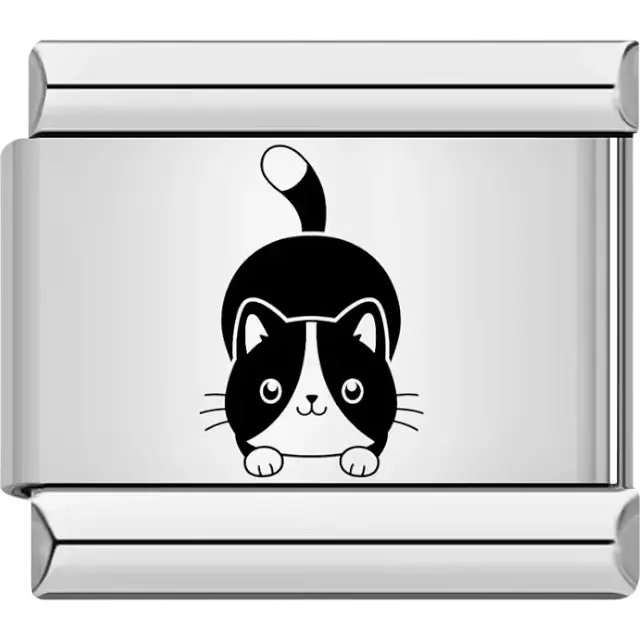 Black and white cat crouched with its tail raised Italian charm bracelet link