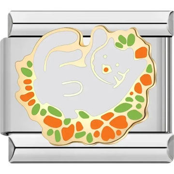 Playful cat surrounded by orange and green shapes Italian charm bracelet link