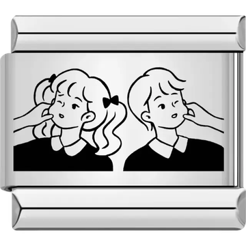 Black outline of a girl pinching a boy’s cheek with detailed facial expressions Italian charm bracelet link