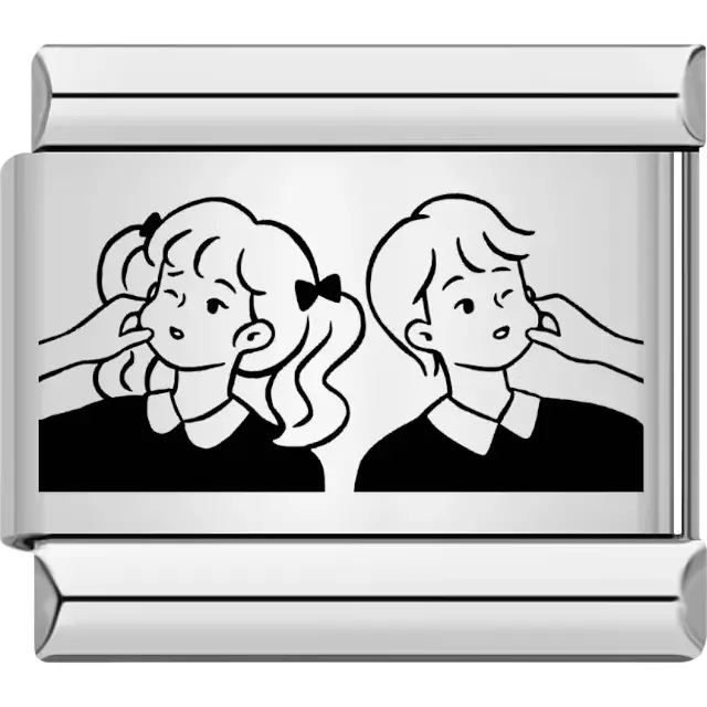 Black outline of a girl pinching a boy’s cheek with detailed facial expressions Italian charm bracelet link