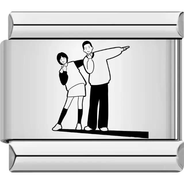 Black outline of a couple leaning together in a playful pose with one pointing Italian charm bracelet link