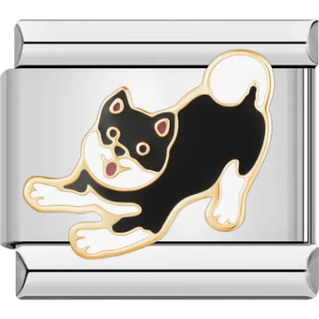 Black and white Shiba Inu dog design in a playful pose with gold accents Italian charm bracelet link