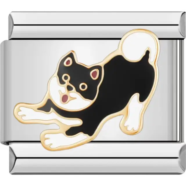 Black and white Shiba Inu dog design in a playful pose with gold accents Italian charm bracelet link