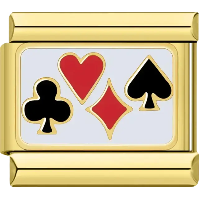 Red and black playing card suits design including hearts diamonds spades and clubs on a rectangular background Italian charm bracelet link
