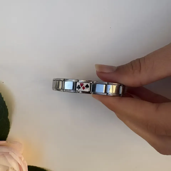 Red and black playing card suits design including hearts diamonds spades and clubs on a rectangular background Italian charm bracelet link