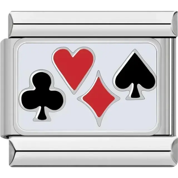 Red and black playing card suits design including hearts diamonds spades and clubs on a rectangular background Italian charm bracelet link
