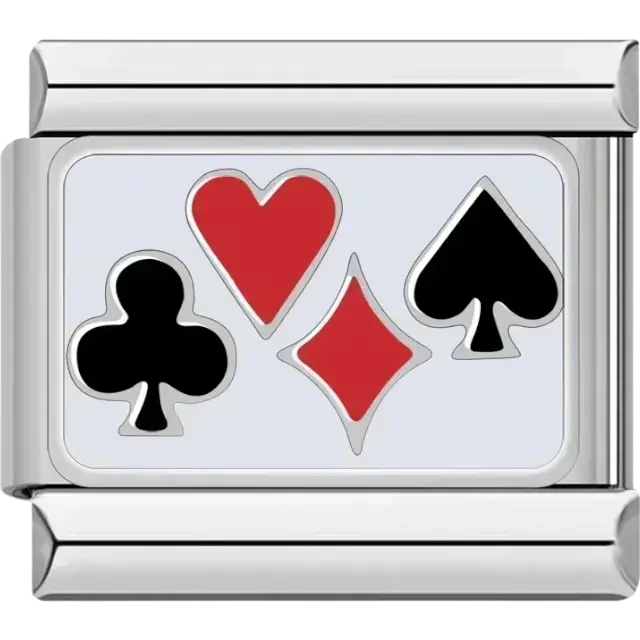 Red and black playing card suits design including hearts diamonds spades and clubs on a rectangular background Italian charm bracelet link