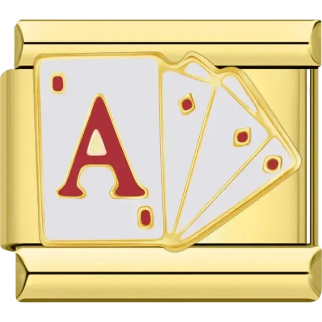 Ace and diamond playing cards in red and gold Italian charm bracelet link
