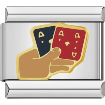 Hand holding red and blue playing cards with gold outlines Italian charm bracelet link