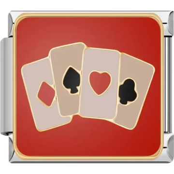 Gold-outlined playing cards with heart spade diamond and club symbols on a red background Italian charm bracelet link