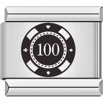 Poker chip design featuring the number 100 and card suits Italian charm bracelet link
