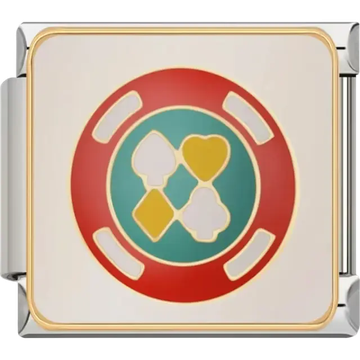 Red and teal poker chip with gold heart spade diamond and club symbols Italian charm bracelet link