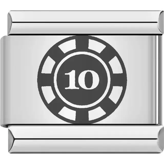 Black and white poker chip with the number ten Italian charm bracelet link