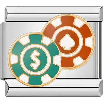 Green and orange poker chips with dollar sign and spade design Italian charm bracelet link