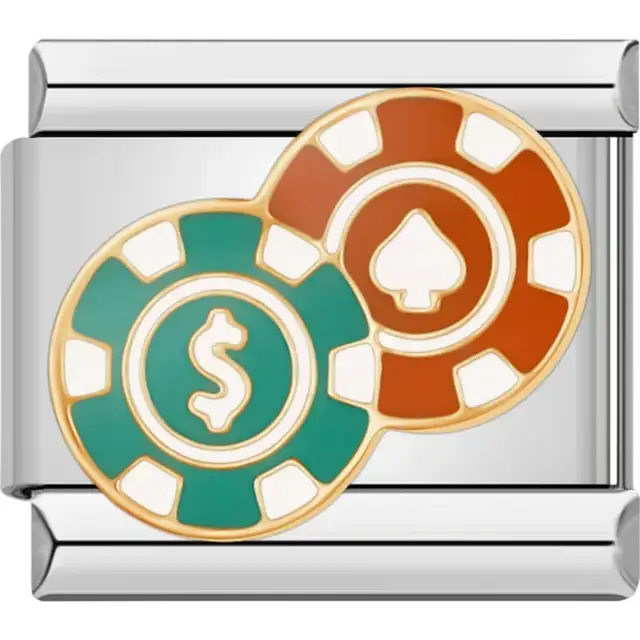 Green and orange poker chips with dollar sign and spade design Italian charm bracelet link